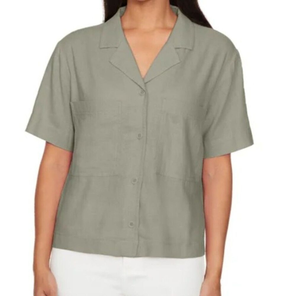 BUFFALO DAVID BITTON Linen Blend Button Front Blouse M 8-10 Olive‎ Green Top NWT